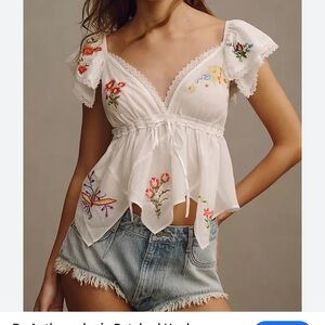 Anthropologie White Floral Embroidered Top